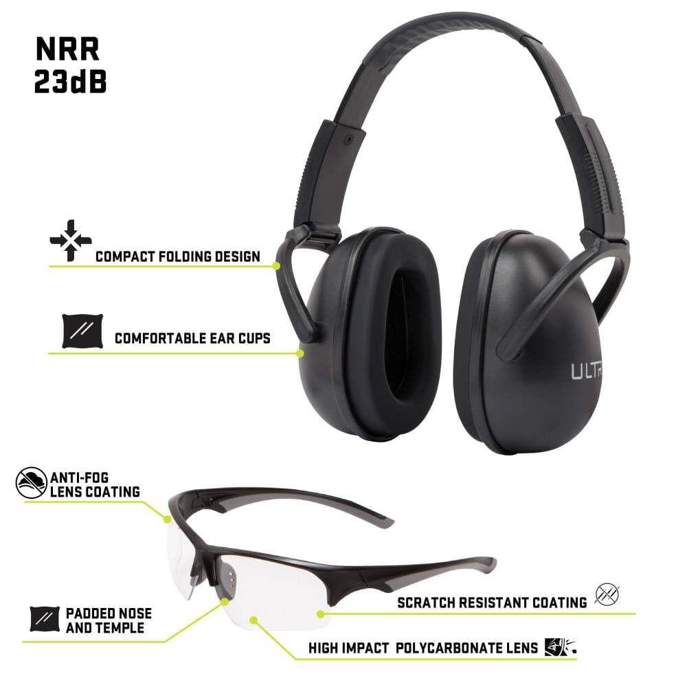 Allen ULTRX Blocker Eye & Ear Protection Combo Passive Ear Muffs 23dB Black Shooting Glasses Clear with Black Frames
