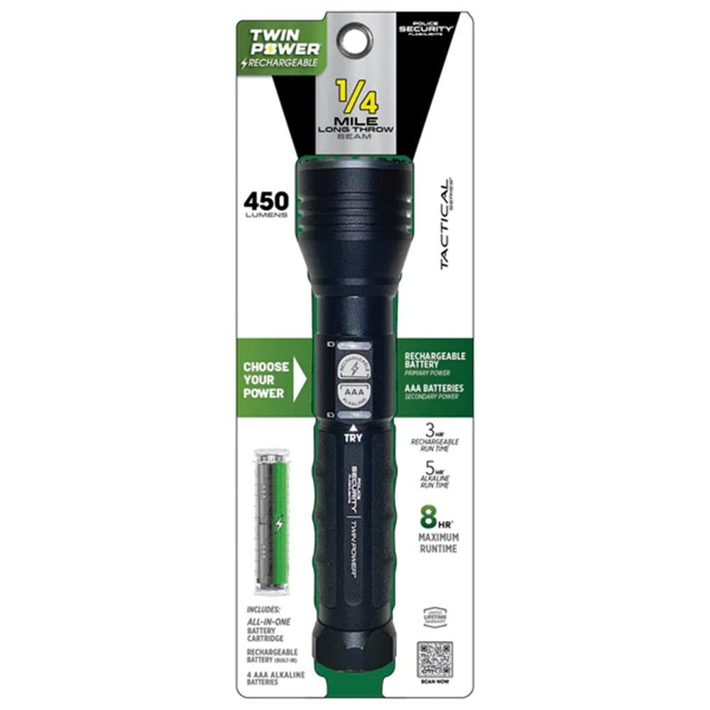 Police Security Flashlight Twin Power Long Throw LED Flashlight 450 Lumens Black