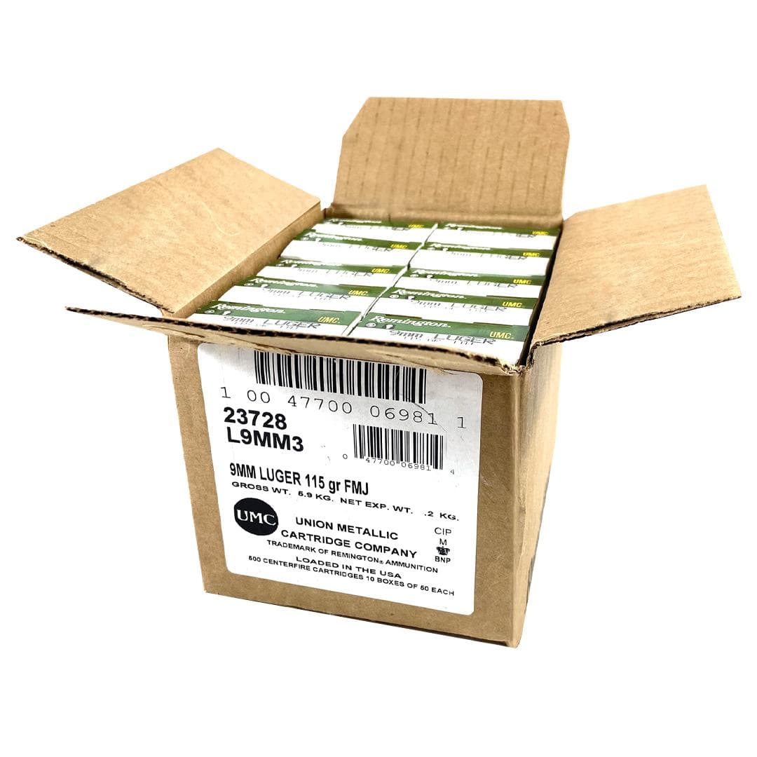 Remington UMC Handgun Ammunition 9mm Luger 115 gr FMJ 1145 fps 1000/ct Case (20-50/ct Boxes)