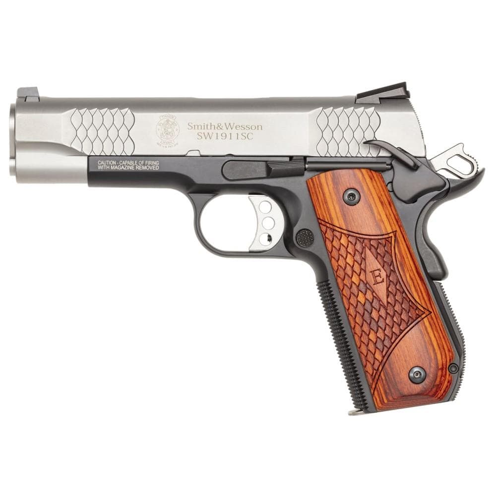 Smith & Wesson 1911SC E Series Handgun .45 ACP 7rd & 8rd Magazines 4.25" Barrel Round Butt Scandium Frame Silver and Black
