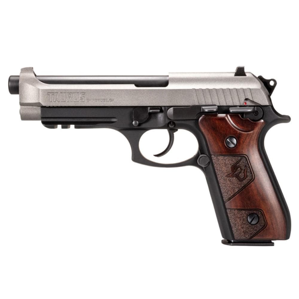 Taurus PT92 Handgun 9mm Luger 17rd Magazines (2) 5" Barrel Black Silver with Wood Grips