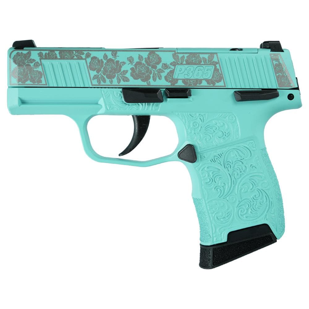 Sig Sauer Exclusive "Robin's Egg Blue and Roses" P365-380 Handgun 380 Auto 10rd Magazine 3.1" Barrel Black Manual Safety