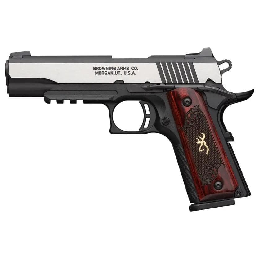 Browning 1911 380 Black Label Medallion Pro Handgun 380 ACP 8rd Magazine 4.25" Barrel Black with Silver Slide and Wood Grip Night Sights Accessory Rail