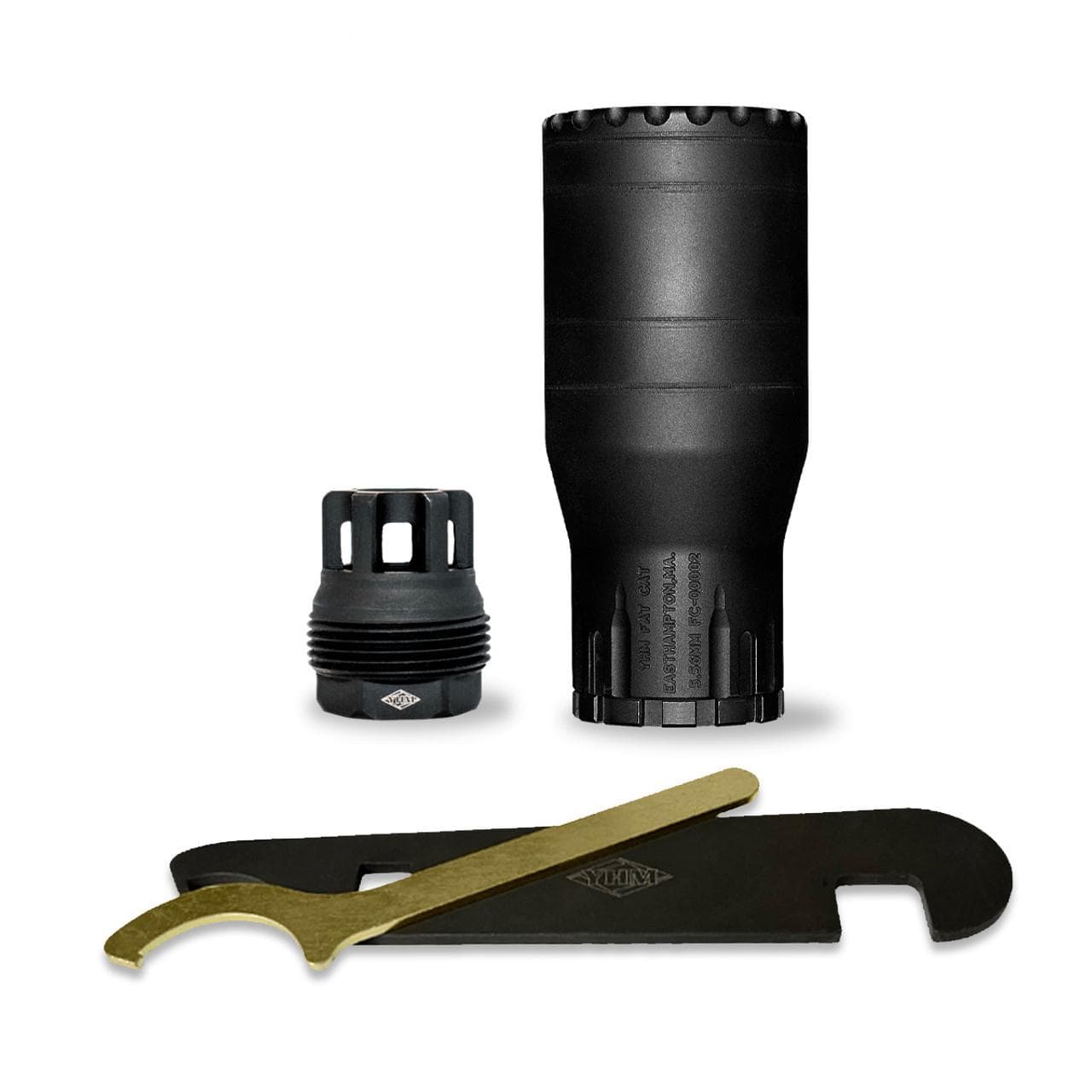 YHM Fat Cat 5.56mm QD Suppressor w/Mini sRx Muzzle Brake Cat End Cap 5.56mm Stainless Steel/Cobalt 6 Black 1/2x28