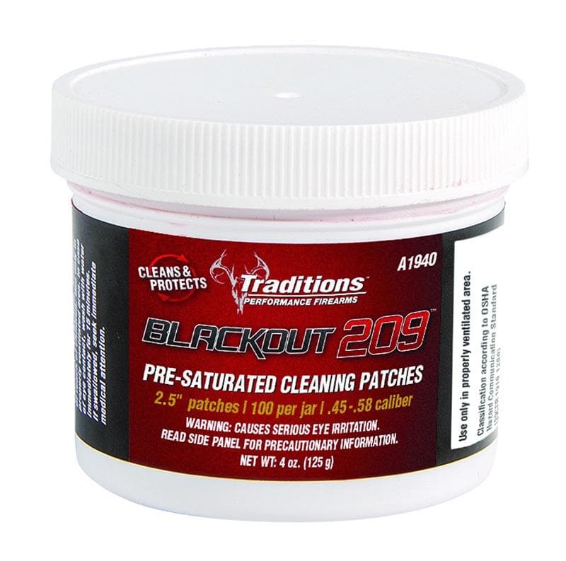 Traditions BlackOut 209 Pre-Saturated Cleaning Patches 100/Jar 2.5" DIa .45 - .58 cal