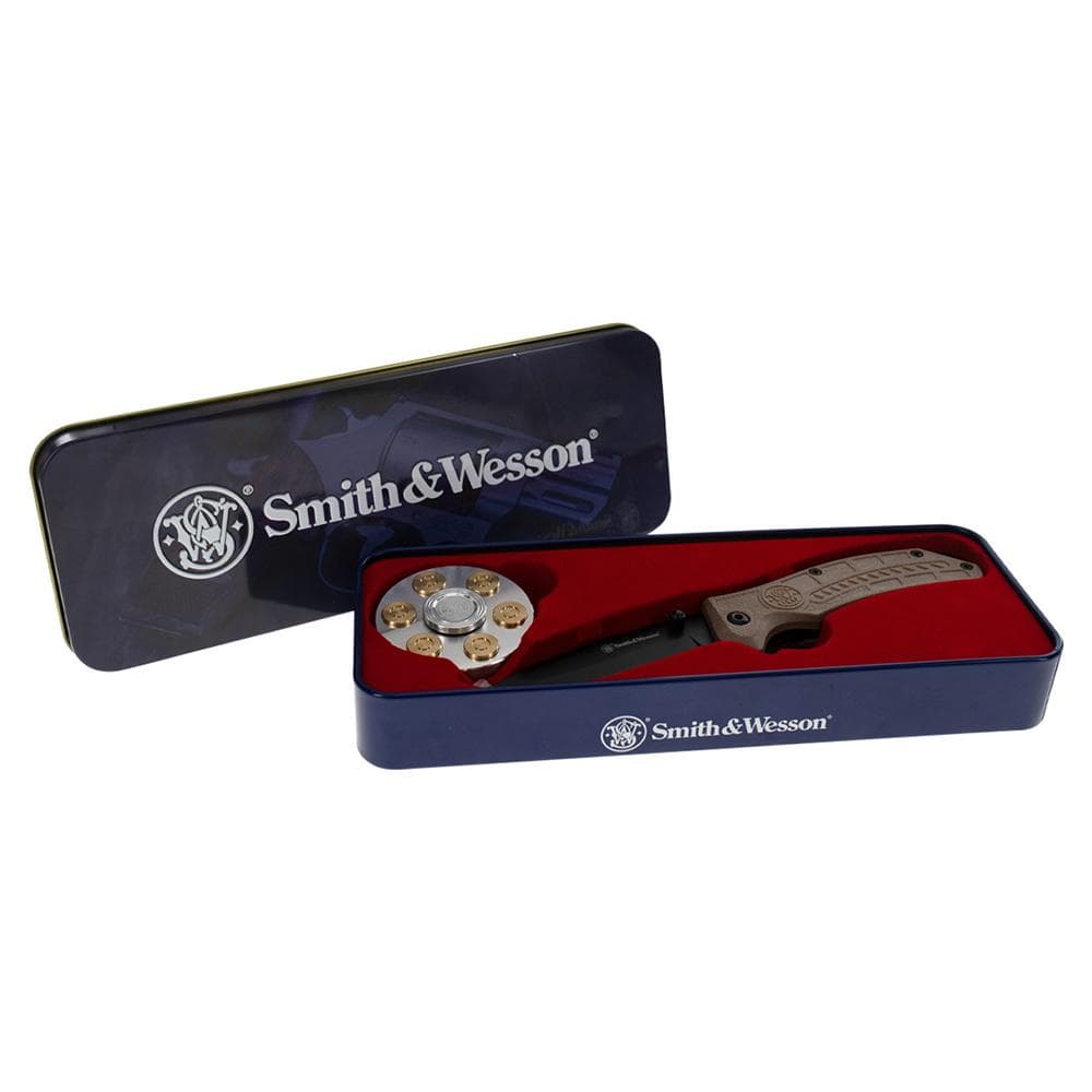 Smith & Wesson Folding Knife and Fidget Spinner Combo 3" Tanto Blade Black Brown