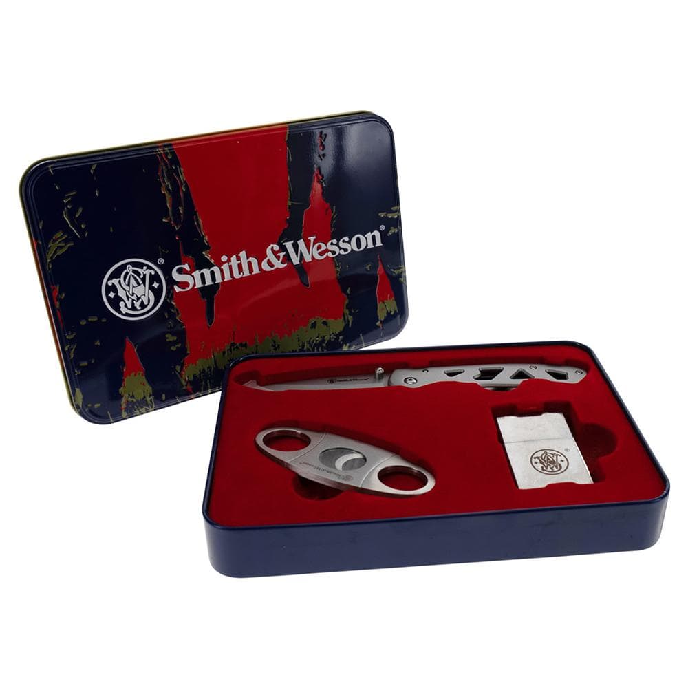 Smith & Wesson Folding Knife Cigar Cutter and Lighter Combo 3" Drop Point Blade Silver