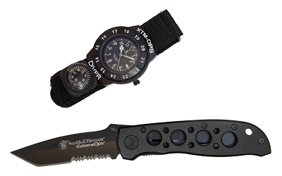 Caliber Gourmet Smith and Wesson Extreme Ops Combo, Tanto Folding Knife and Matching Watch, Black